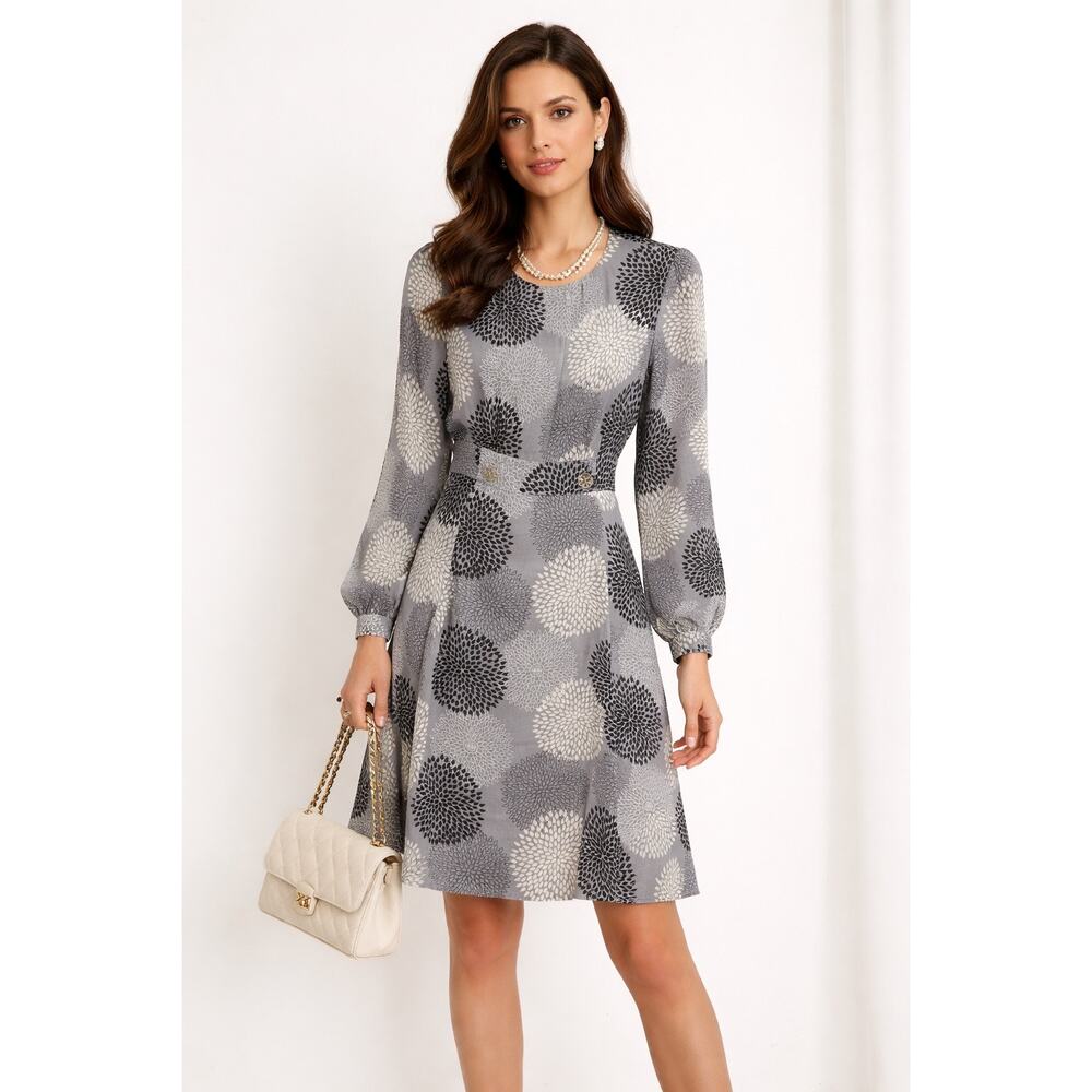 Tory Burch Gray and Cream Printed Long-Sleeve Midi Dress